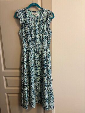 Loft Women's Size S Blue Floral Maxi Cap Ruffle Sleeves Cotton Lined Dress NWT